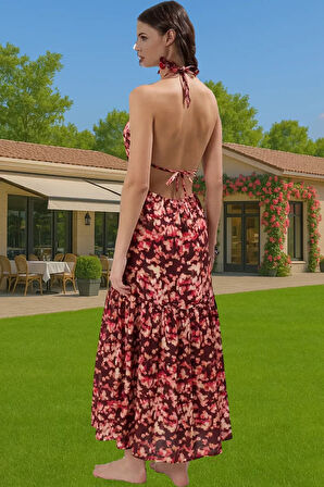 Şık Aksesuarlı Batik Desenli Viskoz Maxi Elbise Yaz Tatili İçin Dayanıklı Malzeme Özenle Seçilmiş