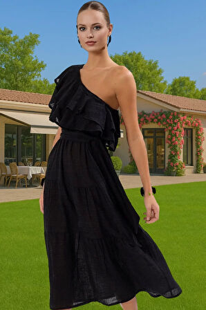 Maxi Keten Görünümlü Tek Omuzlu Elbise Yazlık Rahat Plaj Günlük Kullanım İçin Rahat Kullanım