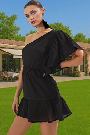 Yazlık Kadın Tek Omuz Mini Pamuk Elbise Rahat Kullanım Günlük Kullanım İçin Modern Stil