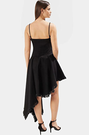 Şık Püsküllü Denim Midi Elbise Pamuk Asimetrik Kare Yaka Günlük Görünüm