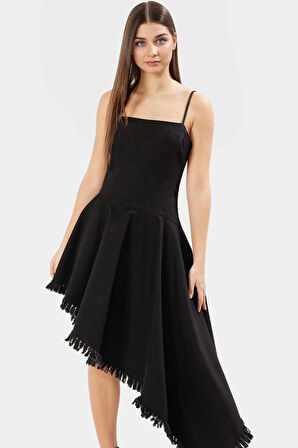 Şık Püsküllü Denim Midi Elbise Pamuk Asimetrik Kare Yaka Günlük Görünüm