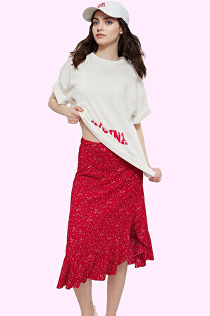 Kadın Yüksek Bel A line Midi Etek Çiçekli Desenli Örme Kumaş Rahat Yaz Aylarının Vazgeçilmezi