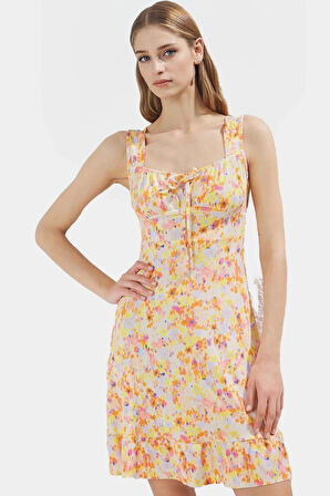 Çiçekli Desenli A Line Mini Elbise Örme Kumaş Kare Yaka Rahat Kalıp Kaliteli İşçilik Özel Tasarım