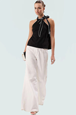 Kadın Yazlık Bluz Scuba Krep Halter Yaka Kontrast Biye Günlük Kullanım İçin