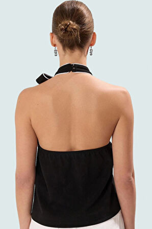 Kadın Yazlık Bluz Scuba Krep Halter Yaka Kontrast Biye Günlük Kullanım İçin