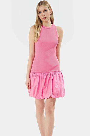 Dik Yaka Triko Mini Elbise Skater Kalıp Polyester Kumaş Yazlık Özel Tasarım Premium Kalite