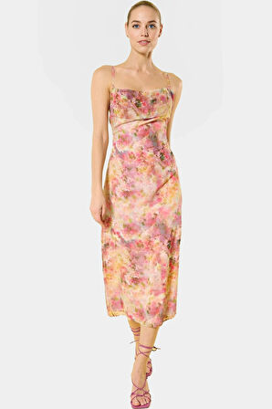 Çok Soyut Desenli A line Şifon Midi Elbise Yaz İçin Mükemmel Trend Tasarım Modern Stil