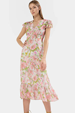 Çiçek Desenli Polyester Şifon Elbise A Kesim Midi Boy Rahat Ve Şık Uzun Ömürlü Özenle Seçilmiş