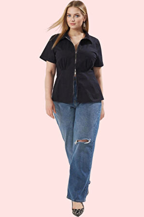 Kadın Düz Desen Büyük Beden Gömlek; Rahat Kesim; Kısa Kol; Yazlık; Günlük Kaliteli Malzeme