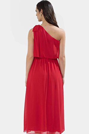 Tek Omuzlu Şifon Maxi Elbise  Polyester Skater Şık Görünüm Kaliteli İşçilik