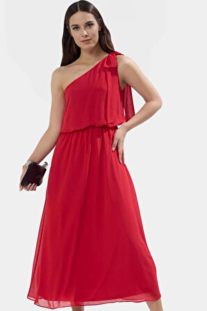 Tek Omuzlu Şifon Maxi Elbise  Polyester Skater Şık Görünüm Kaliteli İşçilik