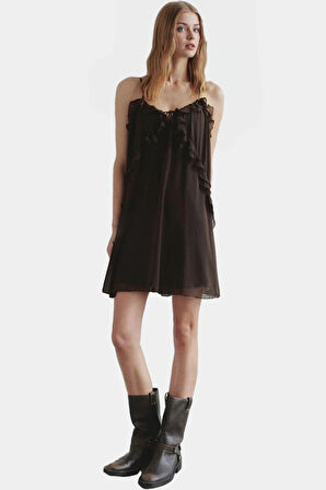 Şık Mini Elbise Astarlı Fırfırlı Yazlık Polyester Dokuma Yüksek Kalite