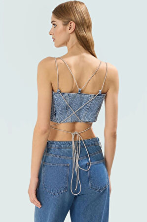 Taş Detaylı Denim Super Crop Bluz Yaz Partileri İçin Trend Tasarım Yüksek Kalite