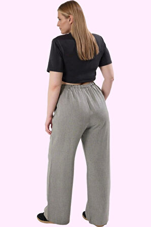 Kadın Relaxed Siluet Geniş Paça Yazlık Pantolon Rahat Kalıp Keten Görünümlü Günlük Kullanım