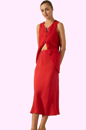 Kadın Keten Midi Etek Yüksek Bel Dokuma Kumaş Günlük Hafta Sonu Yaz Aylarının Vazgeçilmezi