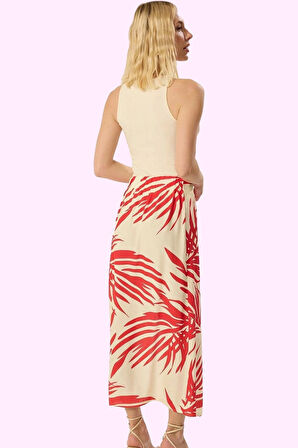 Kadın Yazlık Çok Etnik Desenli A line Midi Etek Yırtmaç Detaylı Rahat Kesim Günlük Kullanım