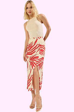 Kadın Yazlık Çok Etnik Desenli A line Midi Etek Yırtmaç Detaylı Rahat Kesim Günlük Kullanım