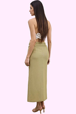Kadın Kalem Siluet Maxi Etek Renk Keten Karışımlı Yandan Yırtmaçlı Yaz Aylarının Vazgeçilmezi