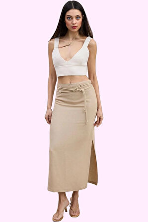 Kadın Kalem Siluet Maxi Etek Renk Keten Karışımlı Yandan Yırtmaçlı Yaz Aylarının Vazgeçilmezi