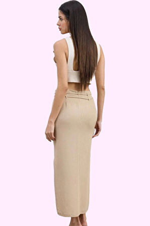 Kadın Kalem Siluet Maxi Etek Renk Keten Karışımlı Yandan Yırtmaçlı Yaz Aylarının Vazgeçilmezi