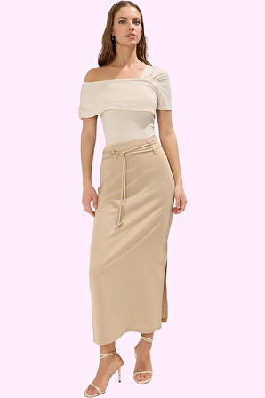 Kadın Kalem Siluet Maxi Etek Renk Keten Karışımlı Yandan Yırtmaçlı Yaz Aylarının Vazgeçilmezi