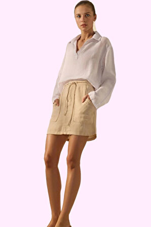 Kadın Yazlık Mini Keten Etek; Renk Cep Detaylı Kumaş Rahat Günlük Kullanım Kaliteli Malzeme