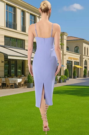 Taş Detaylı V Yaka Midi Abiye Elbise Polyester Dokuma Yazlık Şık Seçkin Malzeme Şık Görünüm