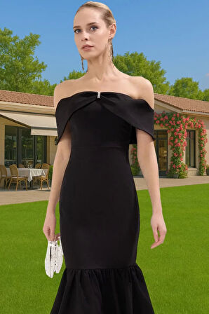 Midi Boy Carmen Yaka Fiyonklu A Kesim Abiye Elbise Polyester Elastan Profesyonel Görünüm