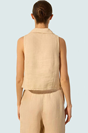 Regular Keten Bluz Dik Yaka Kolsuz Fitted Casual Tasarım Dayanıklı Malzeme Profesyonel Görünüm