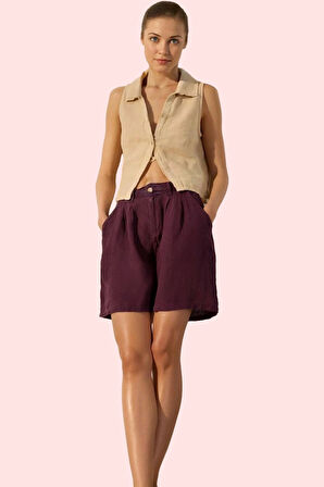 Kadın Keten Geniş Paça Kısa Şort Düz Desenli Yüksek Bel City Short Kalıp Rahat Günlük Hafta Sonu