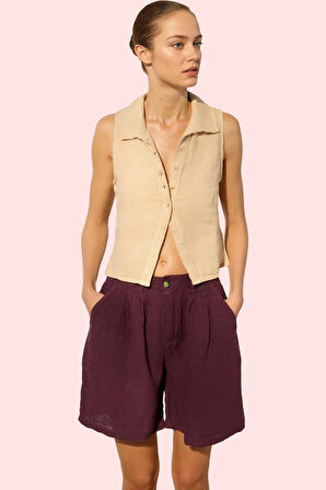 Kadın Keten Geniş Paça Kısa Şort Düz Desenli Yüksek Bel City Short Kalıp Rahat Günlük Hafta Sonu