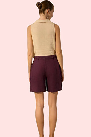 Kadın Keten Geniş Paça Kısa Şort Düz Desenli Yüksek Bel City Short Kalıp Rahat Günlük Hafta Sonu