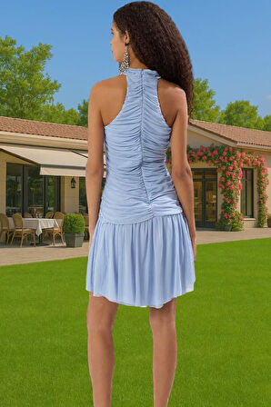 Büzgülü Astarlı Tül Mini Abiye Elbise Halter Yaka Örme Kumaş Konforlu Kesim Profesyonel Görünüm