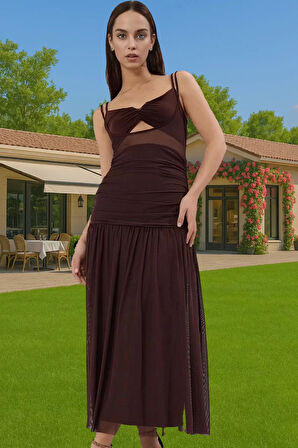 A Line V Yaka Tül Midi Abiye Elbise Örme Kumaş Yazlık Mezuniyet Trend Tasarım Zarifane Tasarım