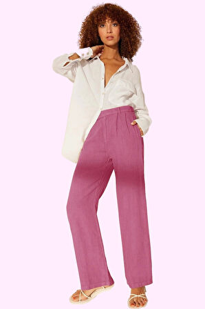 Kadın Keten Dokuma Pantolon Yüksek Bel Wide Leg Günlük Kullanım Yaz Aylarının Vazgeçilmezi