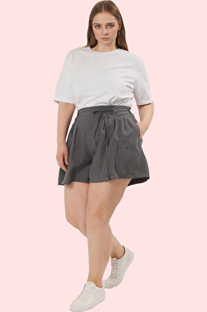 Kadın Yüksek Bel Geniş Paça Şort Büyük Beden Rahat Yazlık Dokuma Yaz Aylarının Vazgeçilmezi