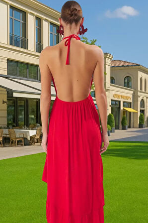 Askılı Volanlı Mini Plaj Elbisesi Crinkle Dokuma Polyester Yazlık Rahat Kullanım Kaliteli İşçilik