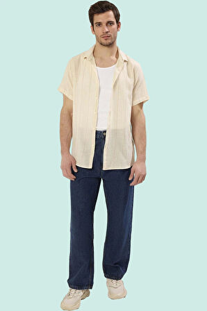 Erkek Çizgili Dokuma Gömlek Regular Fit Kısa Kol Yazlık Günlük Hafta Sonu Kaliteli Malzeme