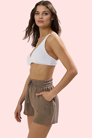 Kadın Pamuk Mini Şort Nefes Alan Müslin Kumaş Rahat Relaxed Kalıp Yazlık Plaj Şortu Günlük Kullanım