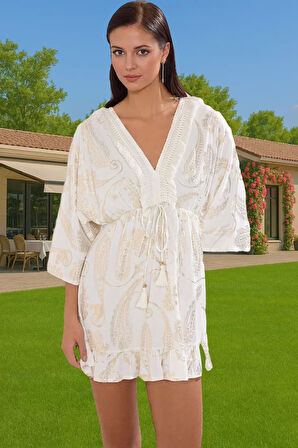 Yazlık Plaj Elbisesi Mini Şal Desenli V Yaka Dokuma Crinkle Zarifane Tasarım Dayanıklı Malzeme