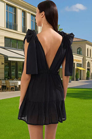 Yazlık V Yaka Bağlamalı Çizgili Mini Pamuk Elbise Dayanıklı Malzeme Kaliteli İşçilik Yüksek Kalite