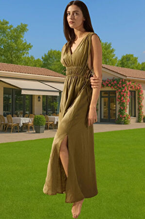 Rahat Keten Maxi Elbise Büzgü Detaylı Yazlık Plaj Giysisi Modern Stil Trend Tasarım