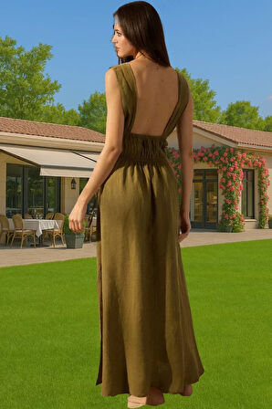 Rahat Keten Maxi Elbise Büzgü Detaylı Yazlık Plaj Giysisi Modern Stil Trend Tasarım