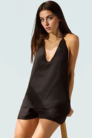 Keten Dokuma Plaj Bluz Boyundan Bağlamalı Crop Fitted Kalıp Rahat Kullanım Uzun Ömürlü