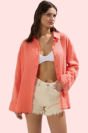 Kadın Keten Plaj Gömleği Düz Desen Uzun Kollu Rahat Kalıp Yazlık Yaz Aylarının Vazgeçilmezi