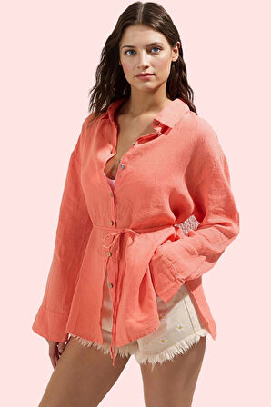 Kadın Keten Plaj Gömleği Düz Desen Uzun Kollu Rahat Kalıp Yazlık Yaz Aylarının Vazgeçilmezi