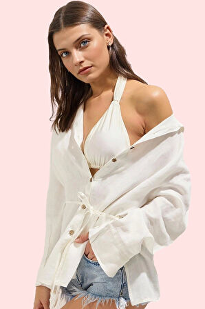 Kadın Keten Plaj Gömleği Düz Desen Uzun Kollu Rahat Kalıp Yazlık Yaz Aylarının Vazgeçilmezi