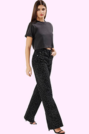 Kadın Leopar Desenli Pamuk Jean Pantolon Yüksek Bel Wide Leg Casual Tarz Dayanıklı Malzeme
