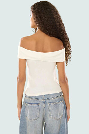 Fitted Crop Bluz Renk Carmen Yaka 97% Viskoz Yazlık Şık Görünüm Uzun Ömürlü
