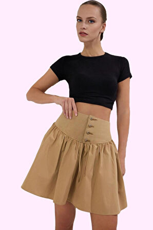 Kadın Gabardin Dokuma Kloş Mini Etek Yüksek Bel Rahat Günlük Hafta Sonu Yaz Aylarının Vazgeçilmezi